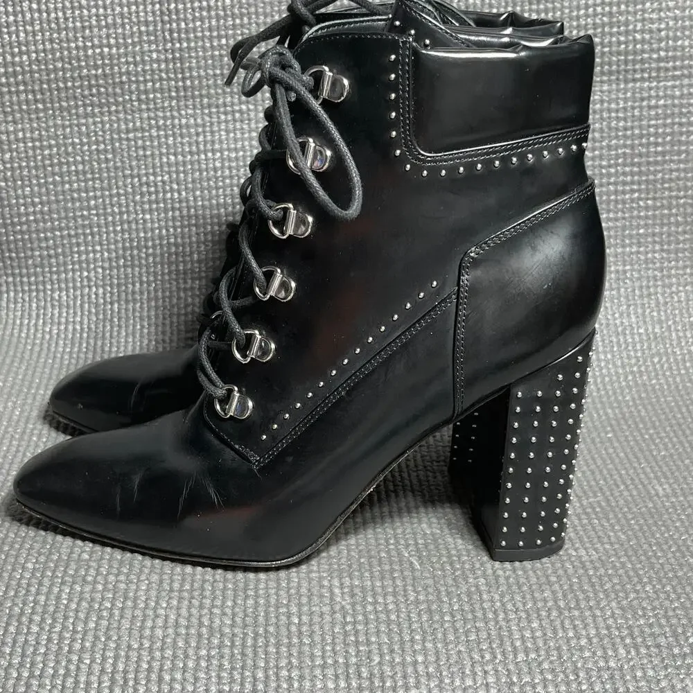 Sigerson Morrison Valora Studded Lace Up Block Heel Booties Womens Size 8B Black